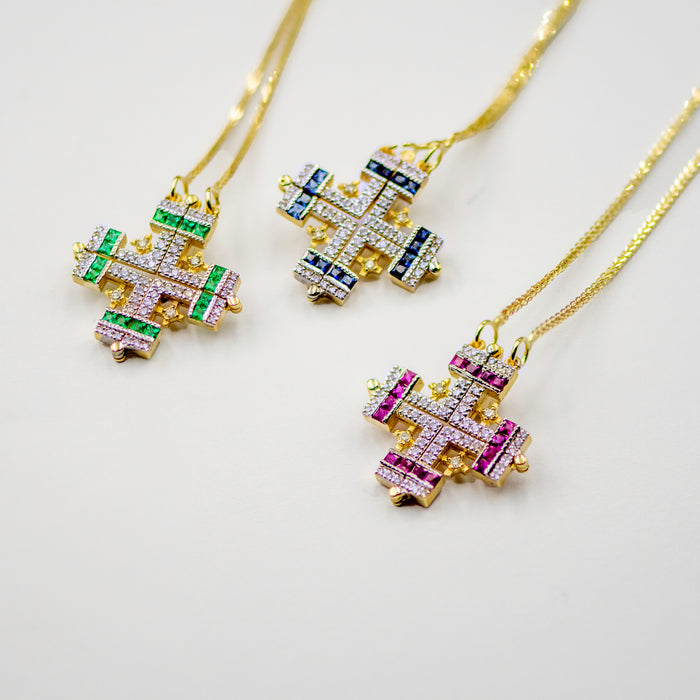 Jerusalem cross with Nano New Testament chip set with diamonds and gemstones . 18k gold. 8-2-002