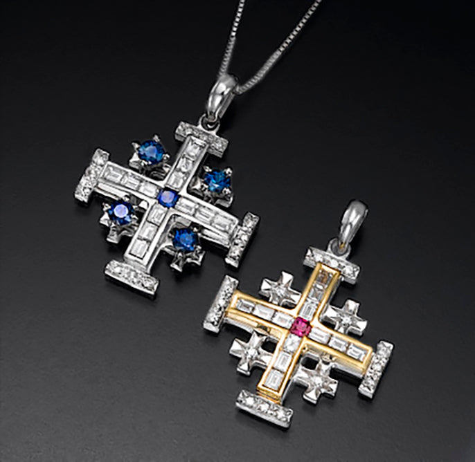 Jerusalem cross with Nano New Testament chip set with Baguettes diamonds and Ruby. 18k gold. 6035