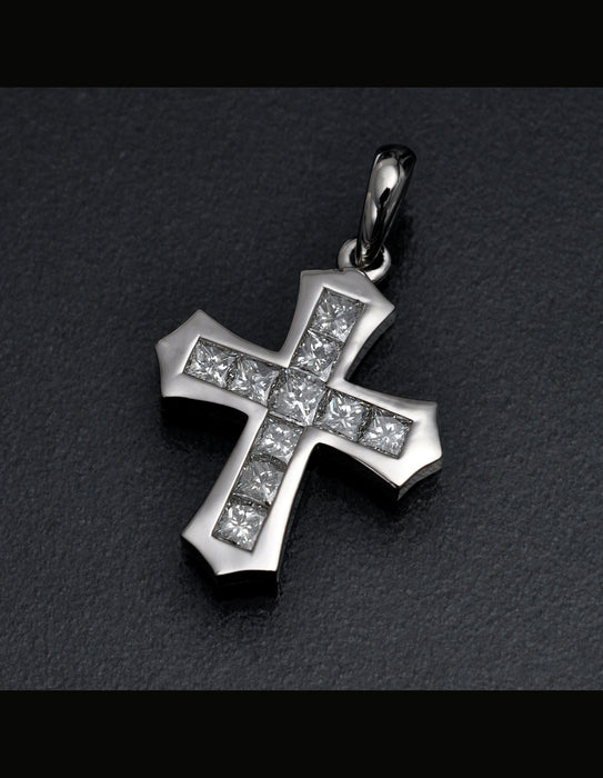 cross pendant with Nano New Testament chip set with princess. 6014W