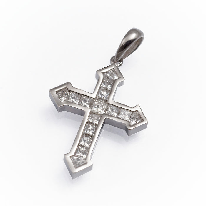 Cross Pendant with Nano New Testament chip set with Princess cut diamonds. 18k gold. 6029