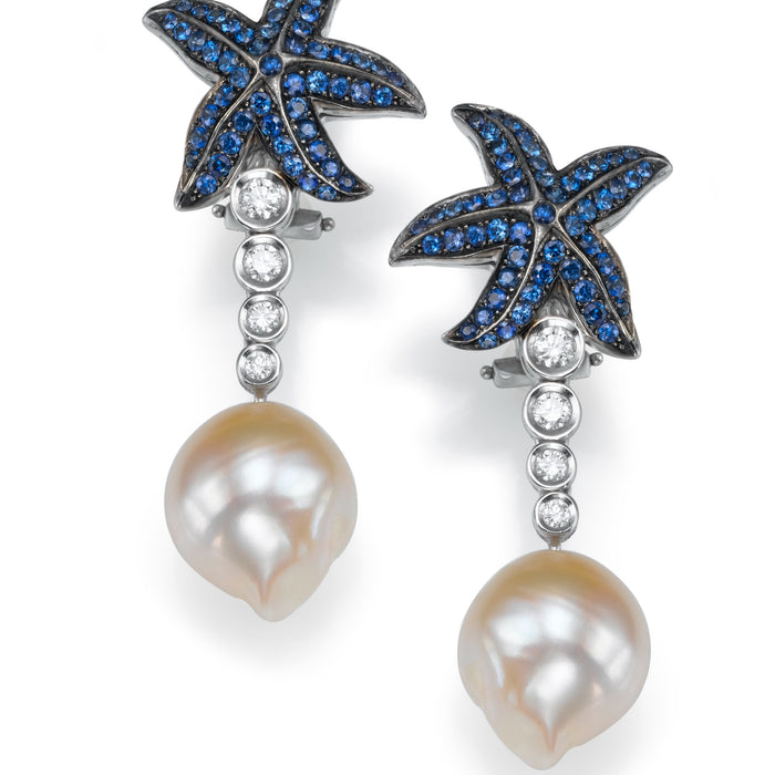 Pearl and Diamonds Earrings. Drop Earrings . Sapphires. 18k gold. Coral Reef , LP 2523