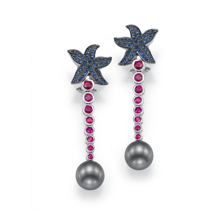 Pearl Earrings . Drop earrings. Pearls,Rubie and Sapphires. 18k gold. Coral Reef ,   LP 2623