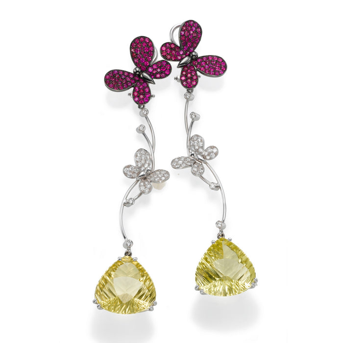 Diamonds earrings, Rubies Earring , Lemon Quartz, 18K gold. Papillon , LP 2762