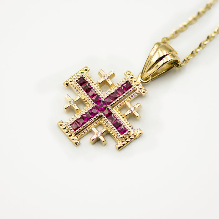 Jerusalem cross with Nano New Testament chip set with diamonds and gemstones . 18k gold. 8-2-003S