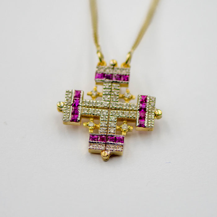 Jerusalem cross with Nano New Testament chip set with diamonds and gemstones . 18k gold. 8-2-002