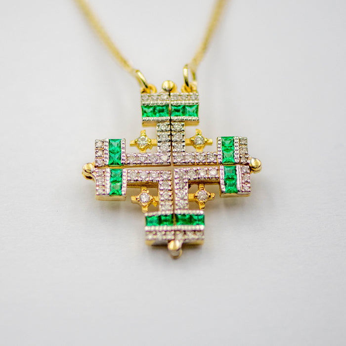 Jerusalem cross with Nano New Testament chip set with diamonds and gemstones . 18k gold. 8-2-002
