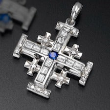 Jerusalem cross with Nano New Testament chip set with Baguettes diamonds and Sapphire. 18k gold. 6036