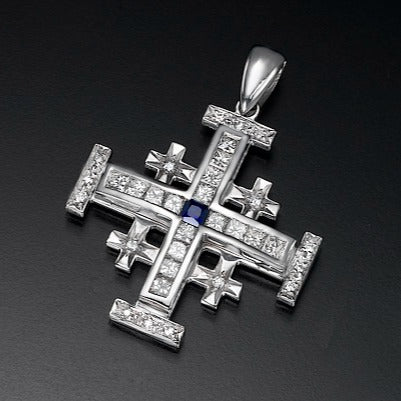 Jerusalem cross Pendant with  Nano New Testament chip set with Princess cut diamonds and Sapphire. 18k gold. 6008