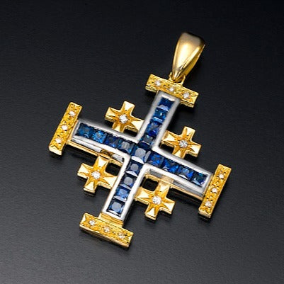 Jerusalem cross Pendant with Nano New Testament chip set with Sapphires. 18K gold. 6037