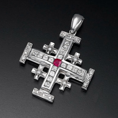 Jerusalem cross pendant with Nano New Testament chip set with Princess cut diamonds amd Ruby. 18K gold. 6034