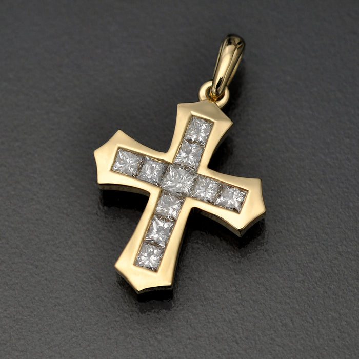 Cross Pendant with  Nano New Testament chip set with Princess cut Diamonds. 18K gold. 6014
