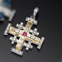 Jerusalem cross with Nano New Testament chip set with Baguettes diamonds and Ruby. 18k gold. 6035