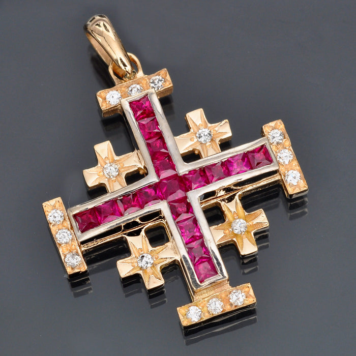 Jerusalem cross Pendant with Nano New Testament chip set with Rubies. 18K gold. 6016