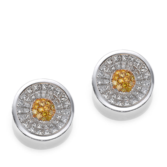 Classic Diamonds Earrings  princess cut Diamonds and natural Yellow Briliants, Invisible setting. 18k gold. 5002
