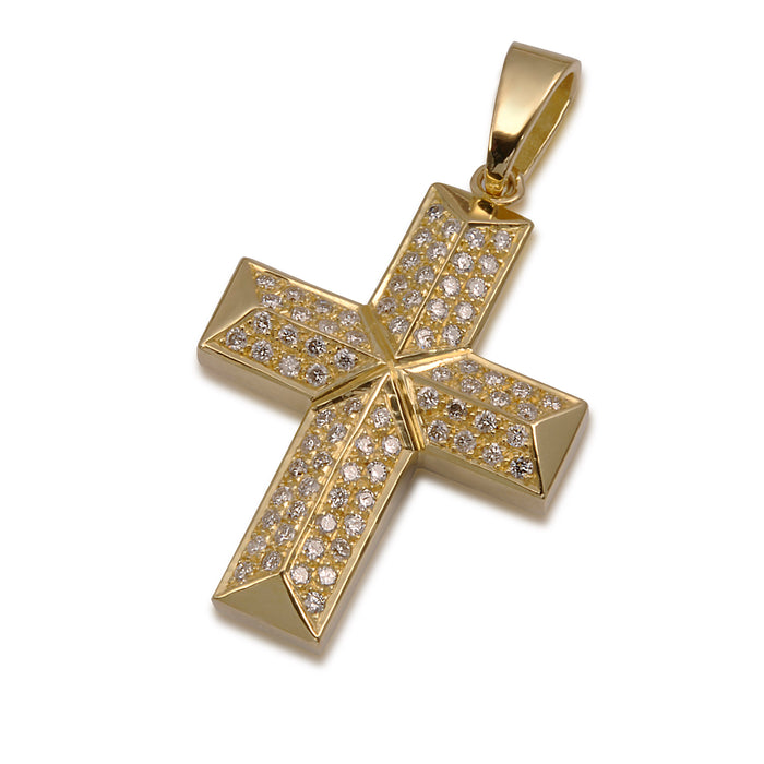 Latin style Cross Pendant with  Nano New Testament chip set with Princess cut Diamonds. 18K gold. 6014