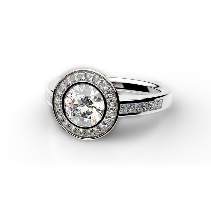 Solitaire Ring 1ct Round diamond with Princess cut diamonds Halo.18K gold. 9059