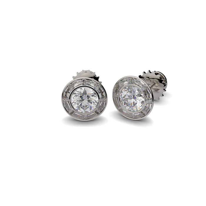 Stud Earrings,  Round Diamonds with Baguettes Halo. 18K gold. 9061