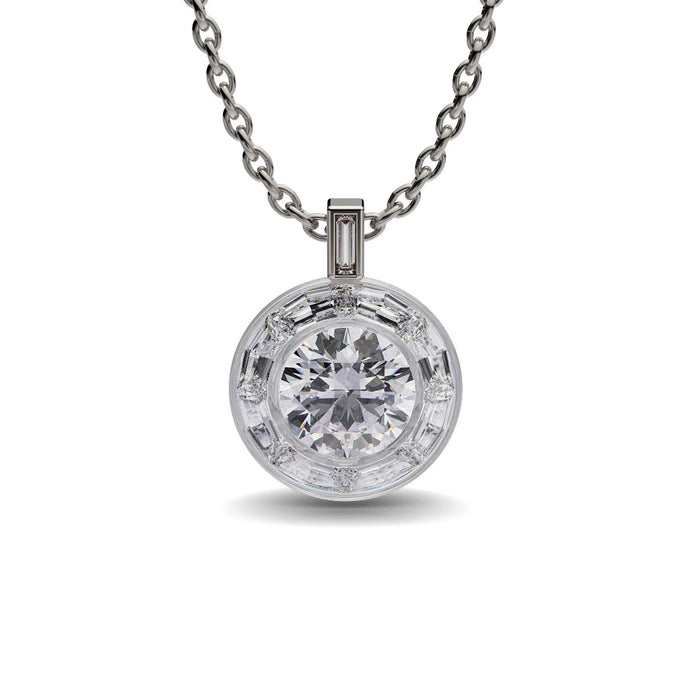 Solitaire Round pendant with Baguettes Halo. Halo Diamonds pendants. 9063