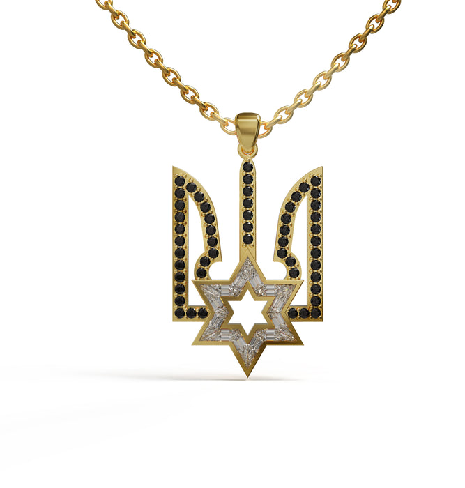 Coat of arms of Ukraine with david star necklace set with baguettes diamonds