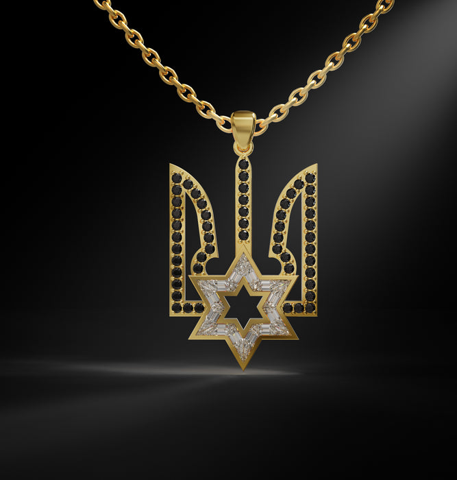 Coat of arms of Ukraine with david star necklace set with baguettes diamonds